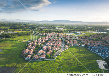 Aerial view of rice field and housing estate in 67344830