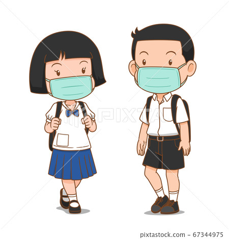Cartoon character of junior high school student Boy and Girl wearing hygienic mask. Cartoon character of junior high school student Boy and Girl wearing hygienic mask. 67344975