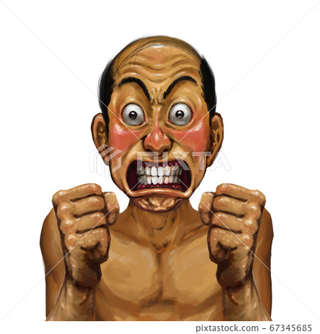 Thick paint, surprise, anger, clench, bruxism, bald, real, hand drawn 67345685