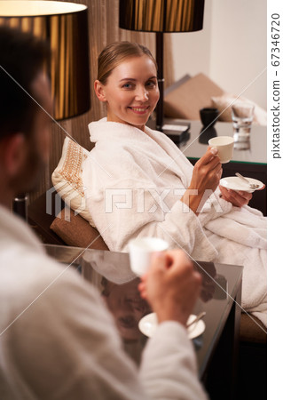 Comfortable lobby of spa salon with delicious coffee Comfortable lobby of spa salon with delicious coffee 67346720