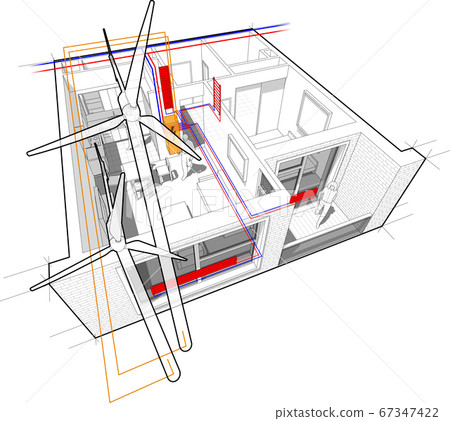 Perspective cutaway diagram of a one bedroom apartment completely furnished with radiator heating and with wind turbines as source of electric energy Perspective cutaway diagram of a one bedroom apartment completely furnished with radiator heating and with wind turbines as source of electric energy 67347422