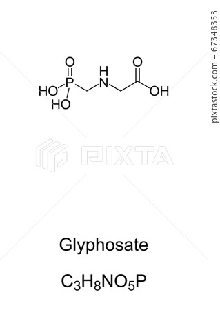 Glyphosate, chemical structure and formula. A broad-spectrum systemic herbicide and crop desiccant, used to kill annual broadleaf weeds and grasses that compete with crops. Illustration. Vector. 67348353