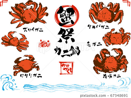 一組各種螃蟹的手繪插圖 67348691