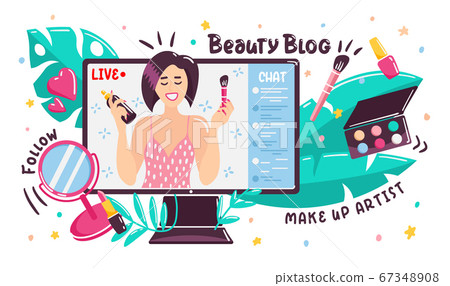 Cartoon beauty blogger broadcasting online from... - Stock Illustration  [67348908] - PIXTA