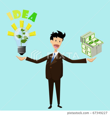 Flat business man keep in one hand lamp with growing sprout idea in another huge money packs. Vector illustration concept with money and idea. 67349227