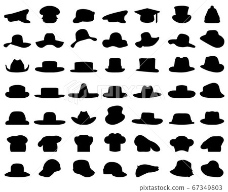Black silhouettes of various caps and hats on a white background Black silhouettes of various caps and hats on a white background 67349803