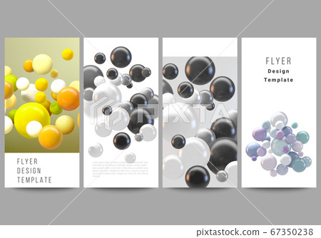 Vector layout of flyer, banner templates for website advertising design, vertical flyer design, website decoration. Abstract futuristic background with colorful 3d spheres, glossy bubbles, balls. 67350238