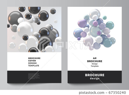 Vector layout of A4 cover mockups templates for brochure, flyer layout, booklet, cover design, book design. Abstract vector futuristic background with colorful 3d spheres, glossy bubbles, balls. 67350240