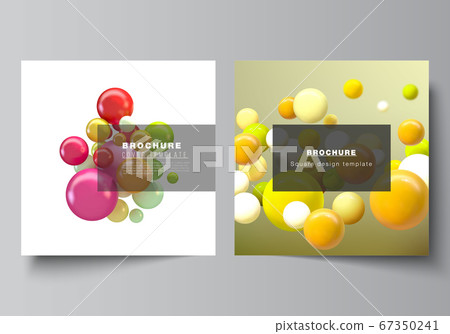 Vector layout of two square covers templates for brochure, flyer, cover design, book design, brochure cover. Abstract vector futuristic background with colorful 3d spheres, glossy bubbles, balls. 67350241