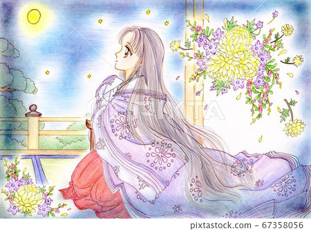 Hand-painted Murasaki-hime in Heian and Haya at night Hand-painted Murasaki-hime in Heian and Haya at night 67358056