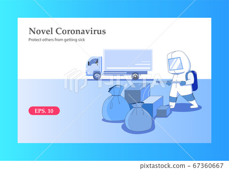 Transport workers spray alcohol on the box, concept of coronavirus quarantine vector illustration. 67360667