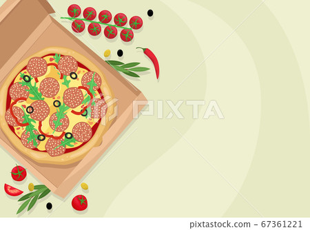 Pizza with salami, olives and cheese in a cardboard box. The view from the top. Vector template with space for text. 67361221