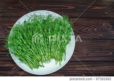 top view of fresh cutted pea microgreen sprouts on plate on wooden surface 67362882