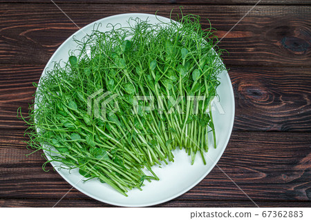 top view of fresh cutted pea microgreen sprouts on plate on wooden surface 67362883