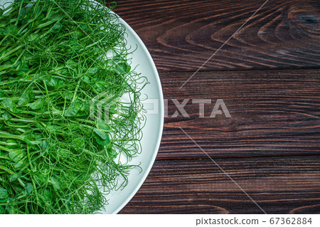 top view of fresh cutted pea microgreen sprouts on plate on wooden surface 67362884