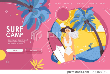 Landing page happy female young surfer with 67363169