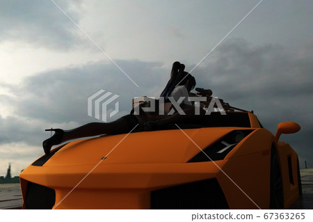 [3D rendering image] A woman lying on top of an orange supercar on a clear, cloudless beach and shooting with a long-range sniper rifle. 67363265