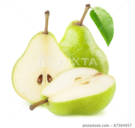 Whole and cut in halves green pears Whole and cut in halves green pears 67364957