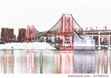 [城市夜景]彩虹橋東京警報紅色亮起[彩色鉛筆] 67366018