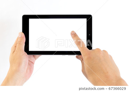 Middle-aged male hand tapping the right side of the tablet screen 67366029