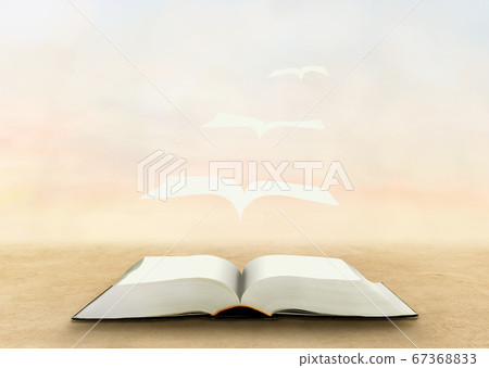 Abstract image of White paper pages flying out from opened book to sky. Abstract image of White paper pages flying out from opened book to sky. 67368833
