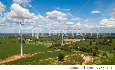 Aerial Landscape of windmills farm with white sky 67369523