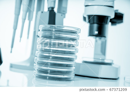 microscope, petri dishes and pipette stand by microscope, petri dishes and pipette stand by 67371209