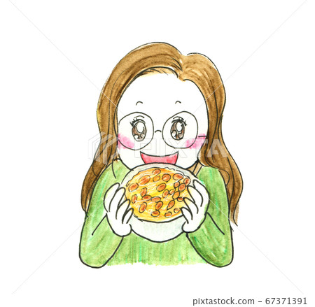 愛納豆飯的日本女人的水彩插圖 愛納豆飯的日本女人的水彩插圖 67371391