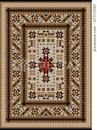Ethnic carpet with oriental vintage stylized animals in beige and yellow shades 67372093
