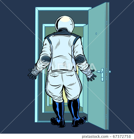 modern astronaut stands in front of an open door. New discoveries modern astronaut stands in front of an open door. New discoveries 67372758