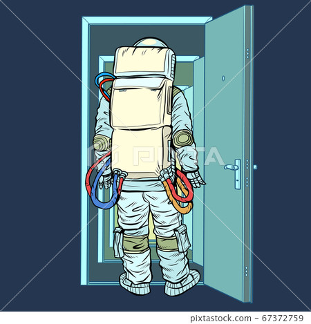 astronaut stands in front of an open door. New discoveries astronaut stands in front of an open door. New discoveries 67372759