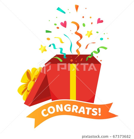 Congrats poster with open gift box, ribbons and confetti on white. Surprise carton for event celebration 67373682