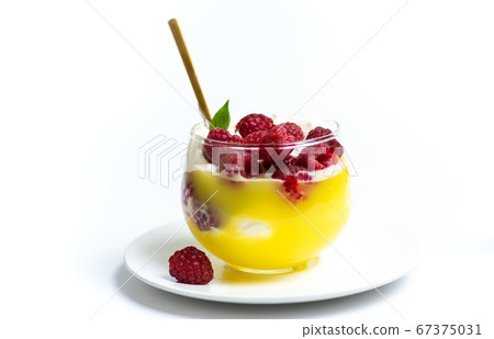 Raspberry fruit parfait in a glass cup Raspberry fruit parfait in a glass cup 67375031