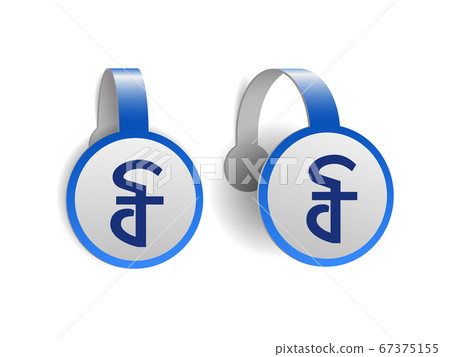 Cambodian riel symbol on Blue advertising wobblers. Cambodian riel symbol on Blue advertising wobblers. 67375155