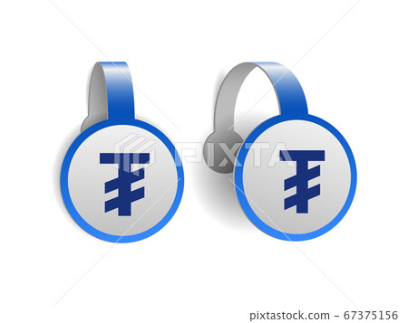 Mongolian tugrik symbol on Blue advertising wobblers. 67375156