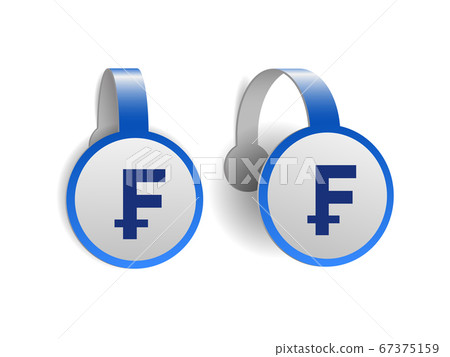 Swiss Franc symbol on Blue advertising wobblers. 67375159