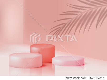 Podiums for product presentation in pastel pink color, mock up for design. Circular exhibition platforms, realistic vector illustration 67375244