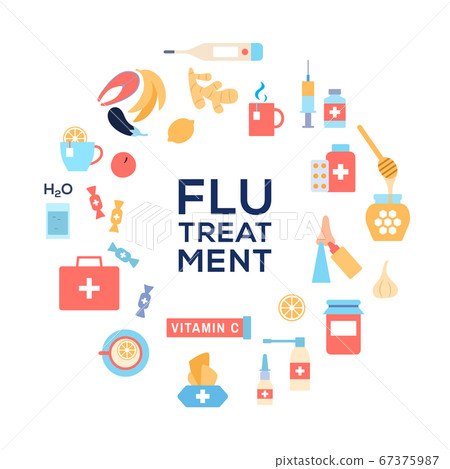 Cold flu treatments concept. Circle frame Drinking water cough sweet disinfecting wipes, medicine, drugs, natural remedies nasal irrigation, vitamin C, healthy foods flu shot. Flat vector illustration 67375987