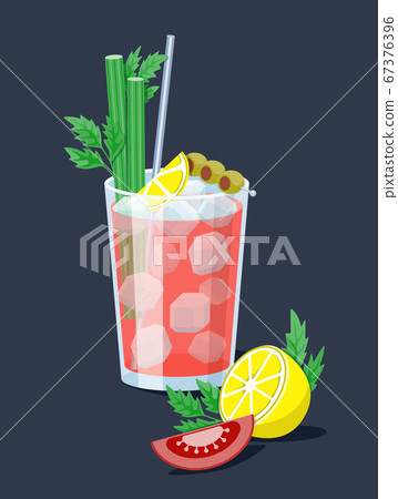 Night life illustration Ice cold fresh salty tomato bloody Mary garnished with olives, celery and slice of tomato. Goof for cocktail party card, invitations, posters, bar menu and cook book recipe 67376396