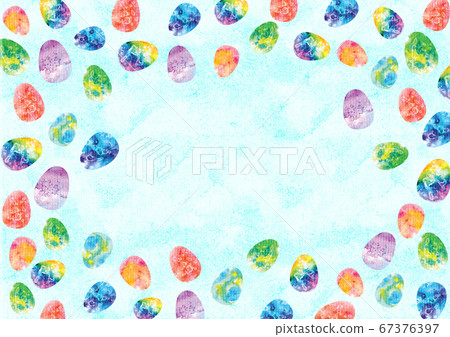 Cute bright light pastel colors watercolor Easter holiday hunt celebration egg border frame ornament illustration. A4 A5 A3 international paper slide poster card with free blank copy space for text. 67376397