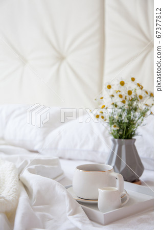 Cozy breakfast in bed, cup of coffee and milk on the grey fabric, space for text. Alarm clock for seven in the morning. Cozy breakfast in bed, cup of coffee and milk on the grey fabric, space for text. Alarm clock for seven in the morning. 67377812