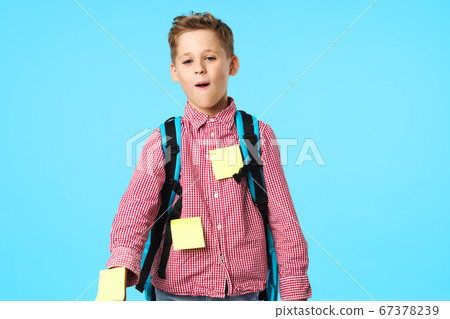 Happy schoolboy in a shirt with a backpack and notes 67378239