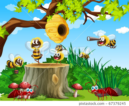 Many bees and ants living in the garden scene with 67379245