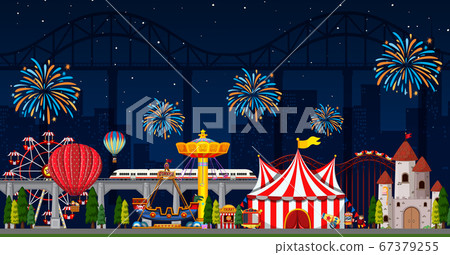 Amusement park scene at night with fireworks in - Stock Illustration ...