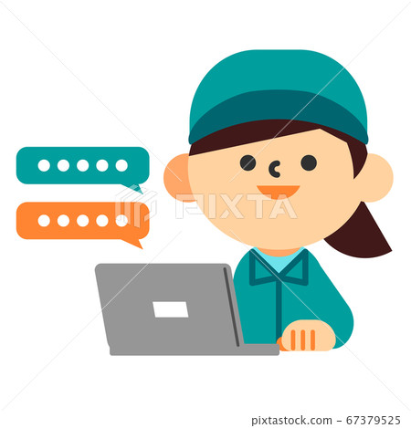 Person work clothes computer work clothes female upper body message Person work clothes computer work clothes female upper body message 67379525