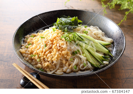 Cold noodle udon and chopsticks on a Japanese plate 67384147