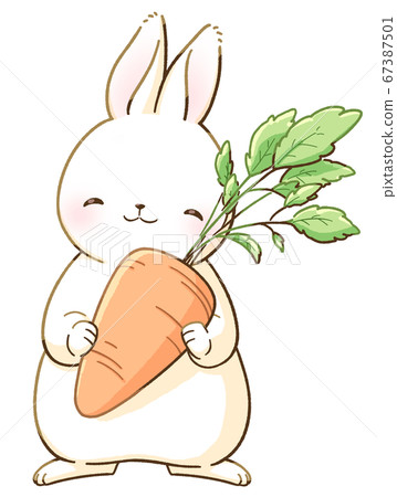 A smiling white rabbit and a carrot 67387501