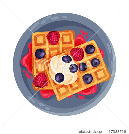 Gaufre or Waffles with Blueberry and Whipped Cream as Dessert Served on Plate Vector Illustration Gaufre or Waffles with Blueberry and Whipped Cream as Dessert Served on Plate Vector Illustration 67388716