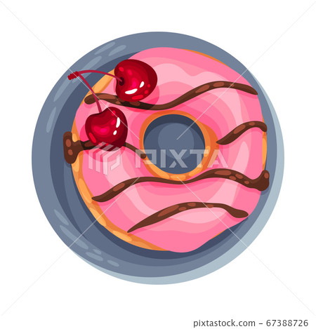 Doughnut with Icing and Cherry as Dessert Served on Plate Vector Illustration Doughnut with Icing and Cherry as Dessert Served on Plate Vector Illustration 67388726