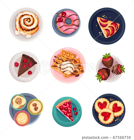 Desserts with Gaufre or Waffle and Pie Served on Plate Vector Set Desserts with Gaufre or Waffle and Pie Served on Plate Vector Set 67388730